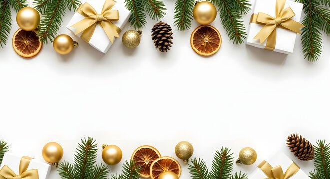 Christmas flat-lay border with fir branches, gold ornaments, pinecones, dried orange slices, and white gift boxes tied with golden bows.
