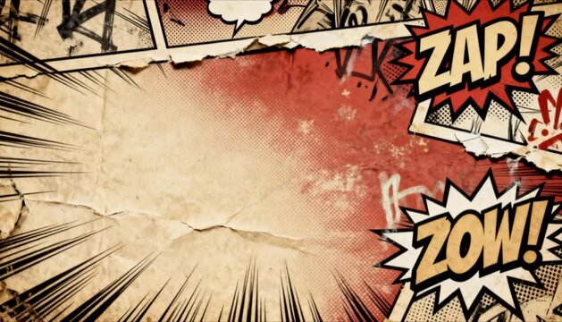 An animated grunge-style background with vintage tones, inspired by classic comic book art textures