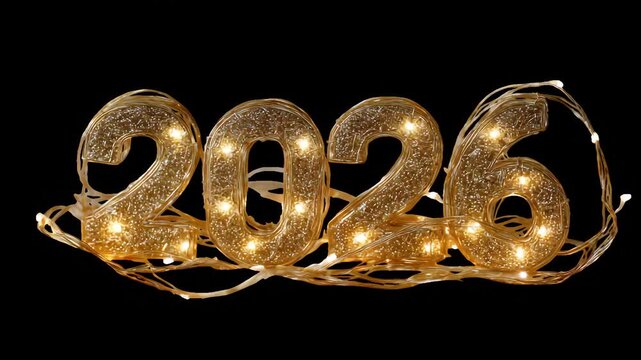 Illuminated golden 2026 numbers with string lights on a black background.