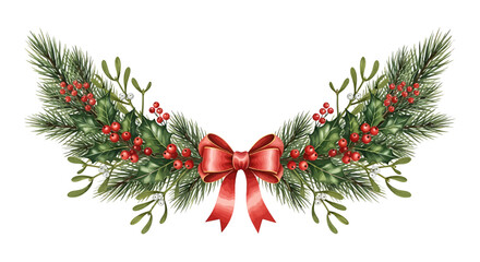 A festive Christmas garland with pine branches, red berries, mistletoe, and a red bow.