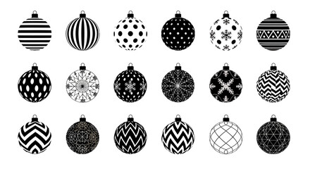 A collection of eighteen black and white Christmas ball ornaments with unique geometric and festive patterns.