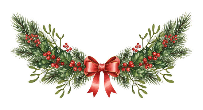A festive Christmas garland with pine branches, red berries, mistletoe, and a red bow.