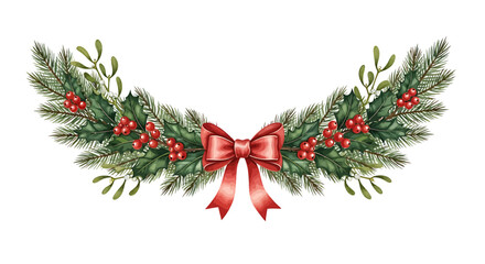 Watercolor Christmas garland decoration with fir branches, red holly berries, mistletoe, and a central red bow.
