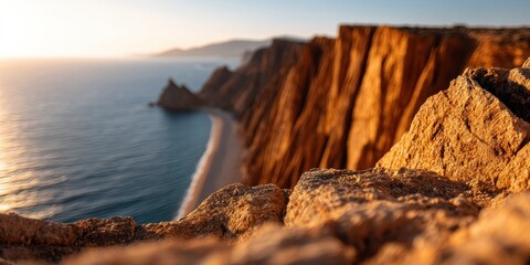 Obraz premium Vista Coastline Natural wonder concept. Stunning cliffs overlooking a tranquil ocean at sunset.