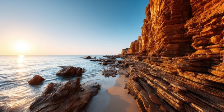 Vista Coastline Natural wonder concept. Coastal landscape with rocky shore and sunset glow.