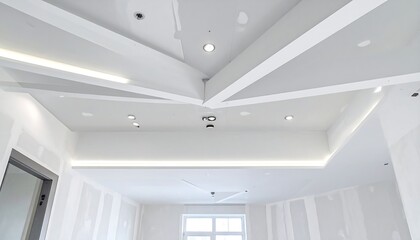 A modern, unfinished ceiling design featuring geometric drywall accents with recessed lighting and indirect light