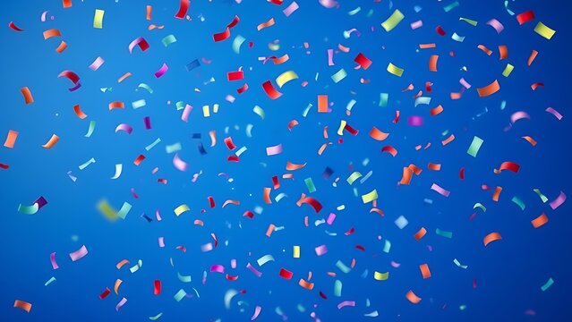 Colorful confetti falling dynamically against a solid blue background, conveying a sense of joyful celebration.