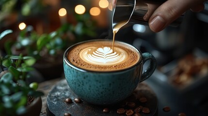 A person is pouring coffee into a cup with a leaf design on it. The coffee is poured from a silver container into the cup
