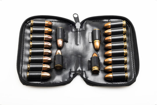 9mm gun pistol bullets kept in black leather pocket