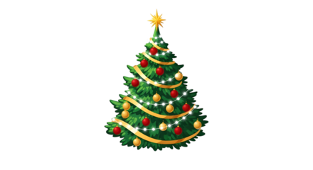 Festively decorated christmas tree with golden ribbons and ornaments on black background