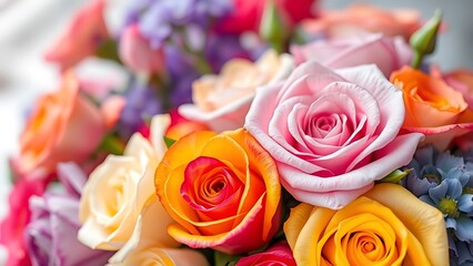 Vibrant bouquet of colorful roses against a soft floral background.