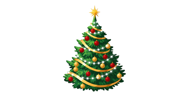Festively decorated christmas tree with golden ribbons and ornaments on black background