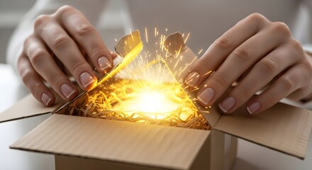 Person assembling electronic components inside a cardboard box with sparks and bright light indicating a manufacturing or repair process