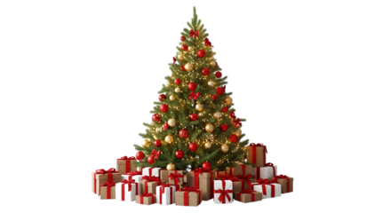 Beautifully decorated christmas tree with many presents underneath on a black background