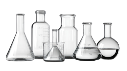 Realistic laboratory glassware set with beakers and flasks on transparent background