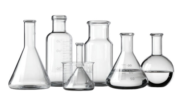 Realistic laboratory glassware set with beakers and flasks on transparent background