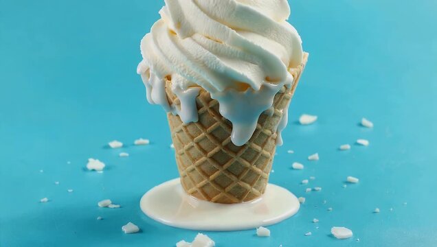 Delicious 4K UHD timelapse capturing a close up of a scoop of creamy banana ice cream housed in a crunchy waffle cone as it visibly melts against a vibrant blue background showing the progressive
