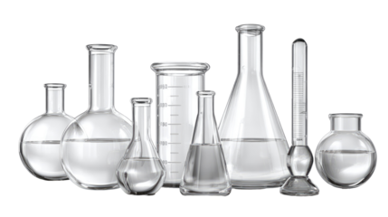 Realistic laboratory glassware set with beakers and flasks on transparent background