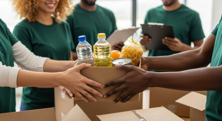 Diverse team of volunteers joyfully packing donation box with food items in a bright indoor setting, showcasing community support and charitable giving.