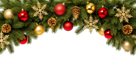 Festive christmas garland with red and gold ornaments and sparkling snowflakes on a black background