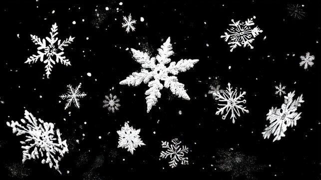 Snowflakes falling gracefully winter wonderland digital art black background macro view nature's beauty
