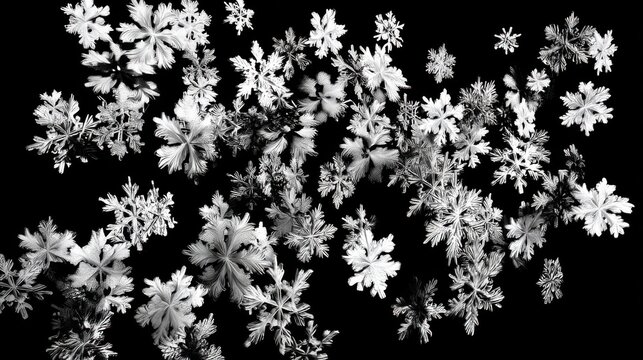 Delicate snowflakes falling in a black background nature photography winter scene close-up aesthetic beauty