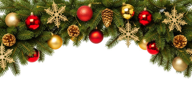 Festive christmas garland with red and gold ornaments and sparkling snowflakes on a black background