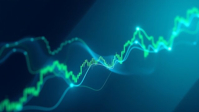 An abstract visualization of flowing financial data in blue and green.