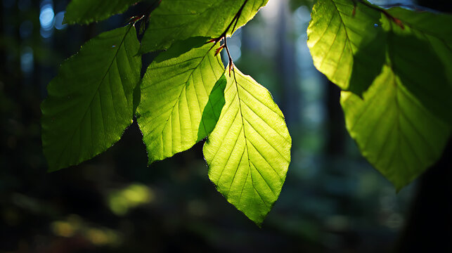 Fresh green leaves backlit by sunlight in forest nature