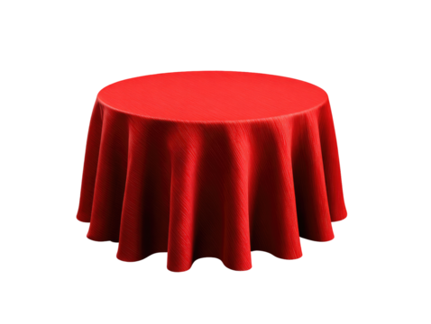 Round table with red tablecloth on transparent background