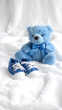 A soft blue teddy bear sits with small matching blue sneakers on a white fluffy blanket, evoking a feeling of gentleness