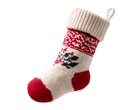 Cozy red Christmas stocking with snowflake and tree pattern, knitted holiday sock PNG stands for giving and tradition