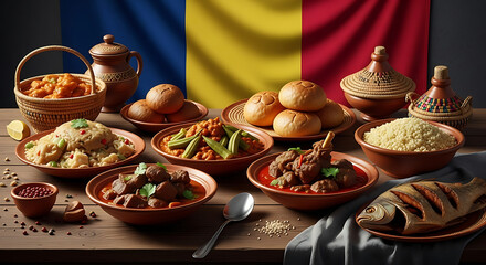 Ultra-Realistic Chadian Traditional Cuisine with Chad Flag – High-Detail African Food Photography