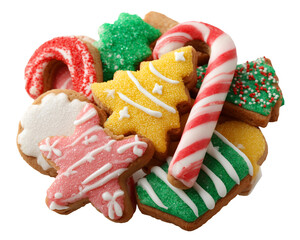 Gingerbread cookies with festive icing including trees and candy canes, classic holiday PNG conveying warmth and tradition