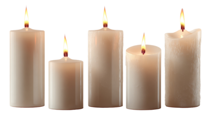 Set of pillar candles with glowing flames and warm light on transparent background