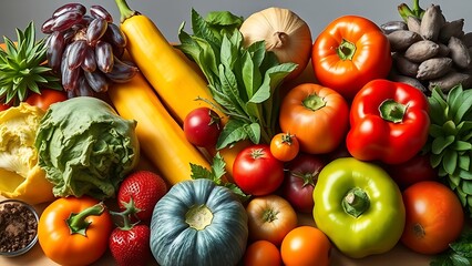 A vibrant arrangement of fresh fruits and vegetables, artfully composed under natural daylight.