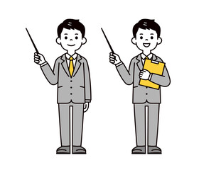 指示棒を持って説明する、スーツを着た20代・30代のビジネスマンの全身ベクターイラスト素材
