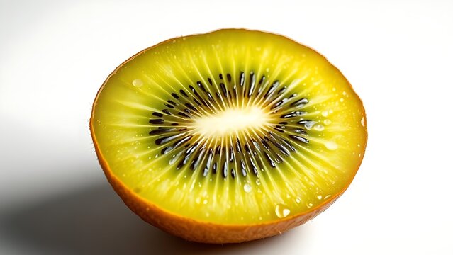 Close-up of a sliced kiwi fruit on white background, revealing vibrant green flesh and fresh water droplets.
