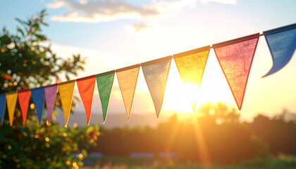 Celebrate summer with vibrant party flags against a golden sunset, perfect for festive events, birthdays, and joyful outdoor gatherings with a warm, inviting atmosphere