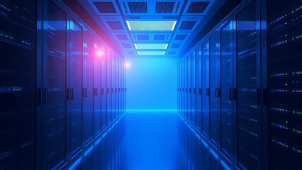 Abstract server room with blue glow effect, minimalist technology theme and atmospheric lighting.