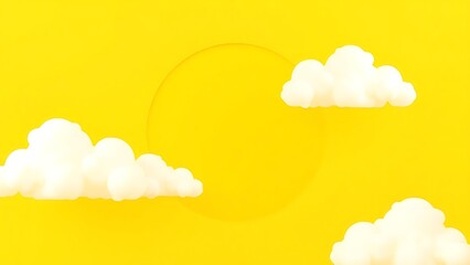 Abstract composition of sunny yellow background with white clouds and a blue circular element, minimalist and geometric.