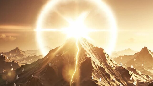 Cinematic 3D animation of a progress line climbing a mountain, surpassing the goal and forming a checkmark.