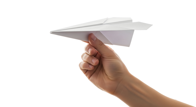 Hand holding a white paper airplane ready for flight, symbolizing imagination and childhood dreams