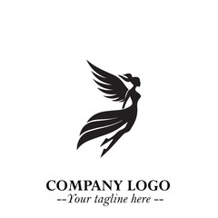 Obraz premium Elegant Angel Woman Silhouette Logo Symbol on White Background