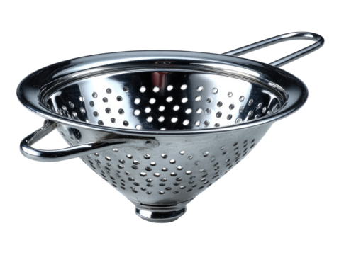 Stainless steel conical strainer front view with long thin handle on transparent background