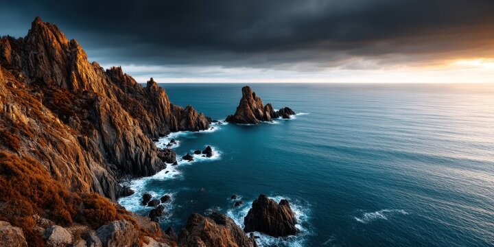 Vista Coastline Natural wonder concept. Stunning coastal landscape with rocky cliffs and calm ocean waters.