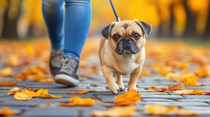 A woman is walking her dog on a path covered in leaves. The dog is small and brown, and it seems to be enjoying the walk. The leaves on the ground create a rustic and natural atmosphere