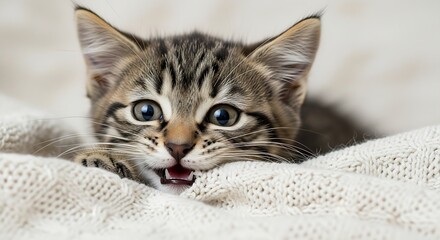 Obraz premium A fluffy kitten relaxing with a soft blurred background, warm gentle lighting, high-quality pet portrait