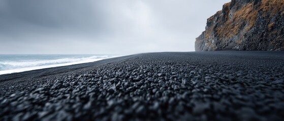 Vista Coastline Natural wonder concept. Desolate beach with rocky cliff under a cloudy sky.