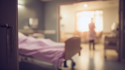 Hospital room with bed, sunlit interior and blurred figure, medical care setting, view through door, copy space